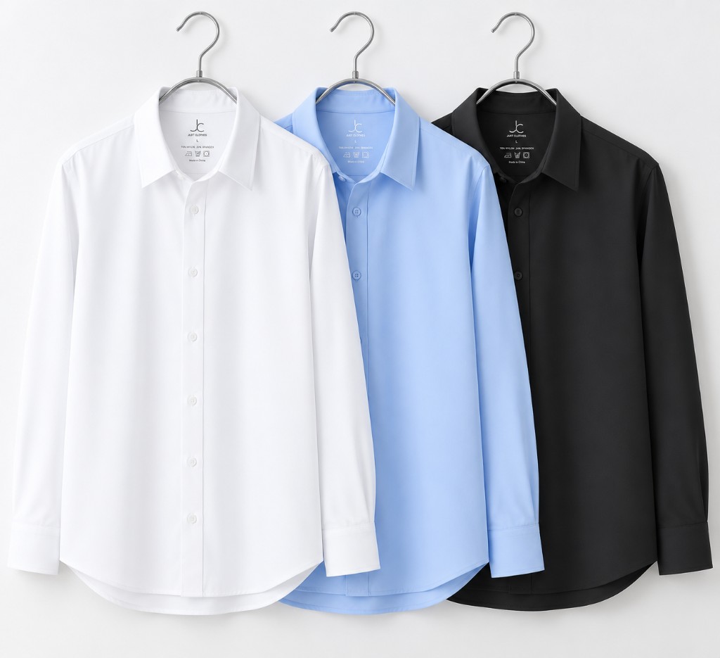 ハンガーにかけたホワイト・ブルー・ブラックのJust Shirt